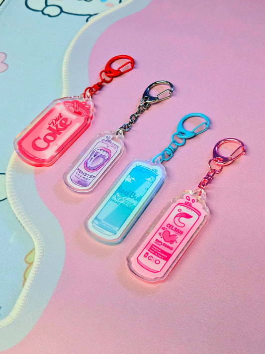 Set of colorful keychains on a pastel background